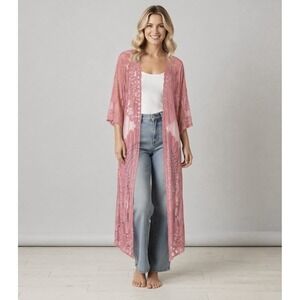 Rebellion Again Long Lace Kimono Rosé Sz M Boho Festival Coachella Sheer Floral